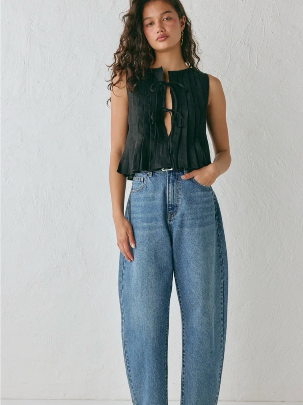 Pleated Tie-Front Camisole in Black - Picture 3 of 4